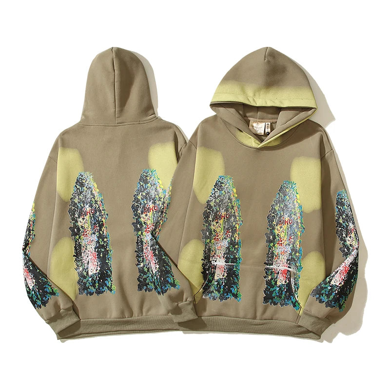Graffiti Mud Dyed Pullover Fleece Hooded Sweatshirts For Men And Women