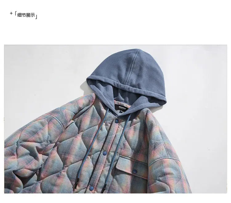 Winter Quilted Thick Plaid Hooded Jacket Men Wmen Streetwear Fashion Oversize Loose Casual Hoody Jacket Padded-cotton Parka Coat