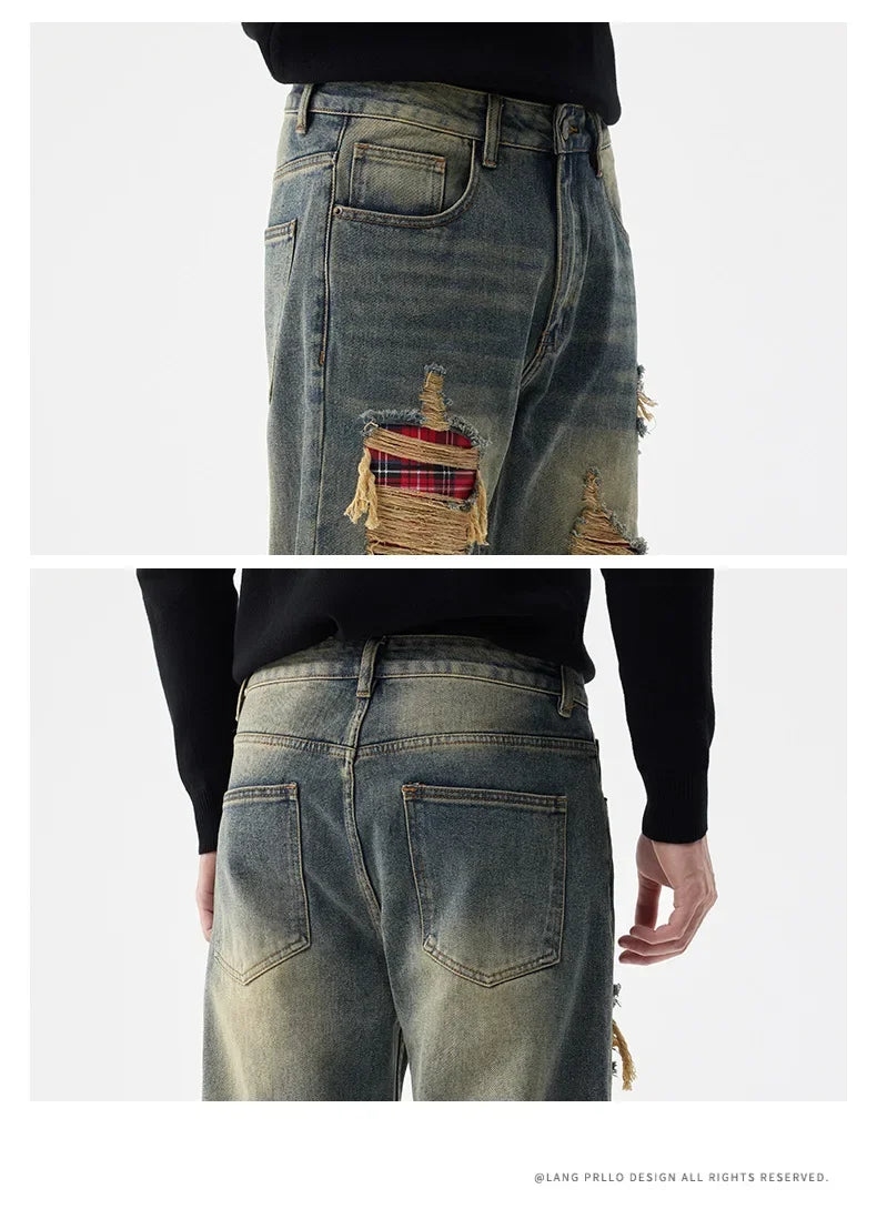 men broken hole patch loose casual plus size straight ripped denim pants jeans man streetwear fashion baggy jeans trousers unique jeans style 3164