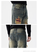 men broken hole patch loose casual plus size straight ripped denim pants jeans man streetwear fashion baggy jeans trousers unique jeans style 3164
