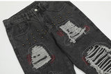 destroy ripped holes patchwork denim jeans men unisex casual rivet bottom zipper trousers jeans streetwear hip hop pants joggers unique joggers style 3644