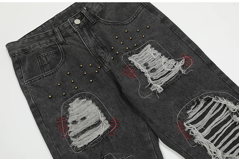 destroy ripped holes patchwork denim jeans men unisex casual rivet bottom zipper trousers jeans streetwear hip hop pants joggers unique joggers style 3644