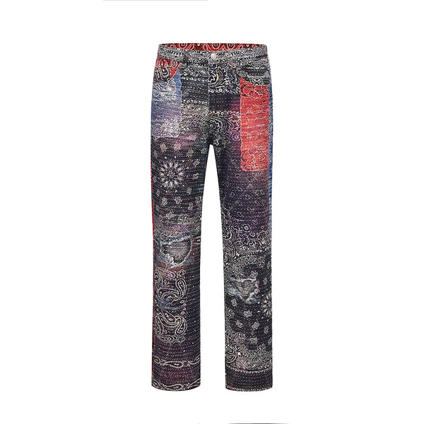 hip hop distressed paisley patchwork baggy jeans pants for men straight y2k ripped casual cargos oversized denim trousers utility cargo pants