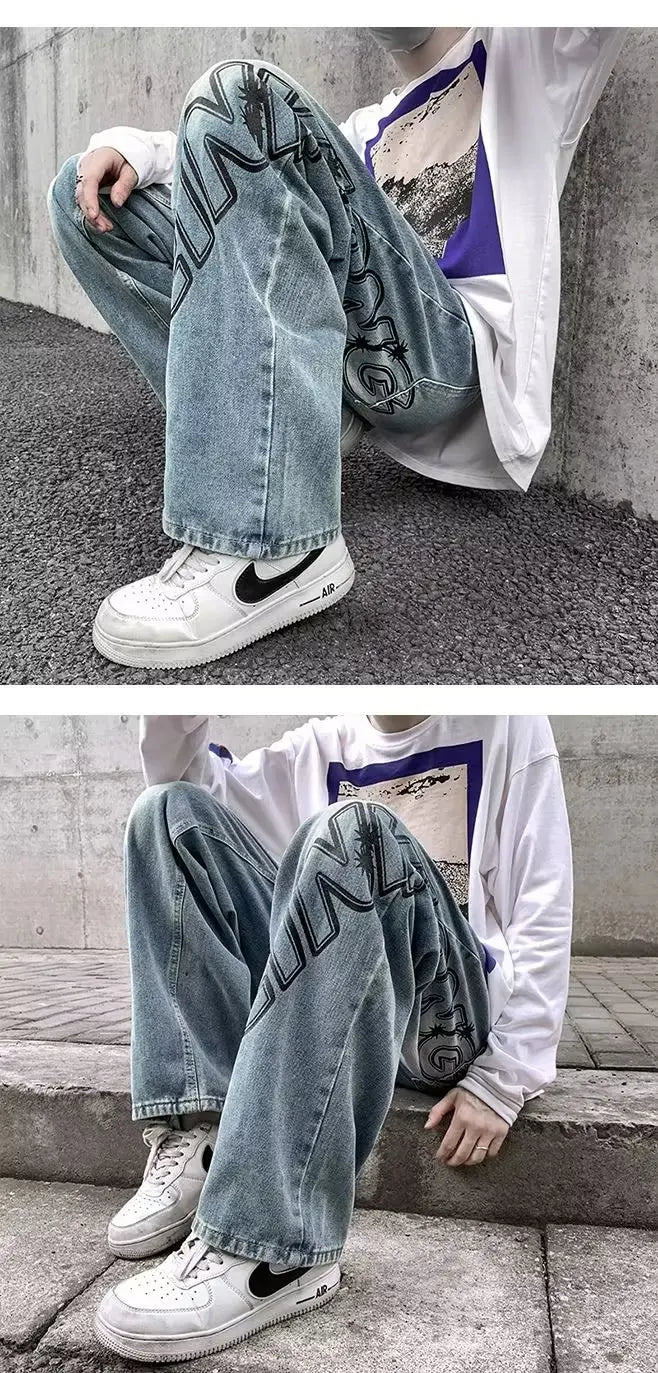2023 new fashion letter graffiti brown hip hop men baggy jeans pants y2k clothes straight vintage denim trousers pantalon homme unique jeans style 5820