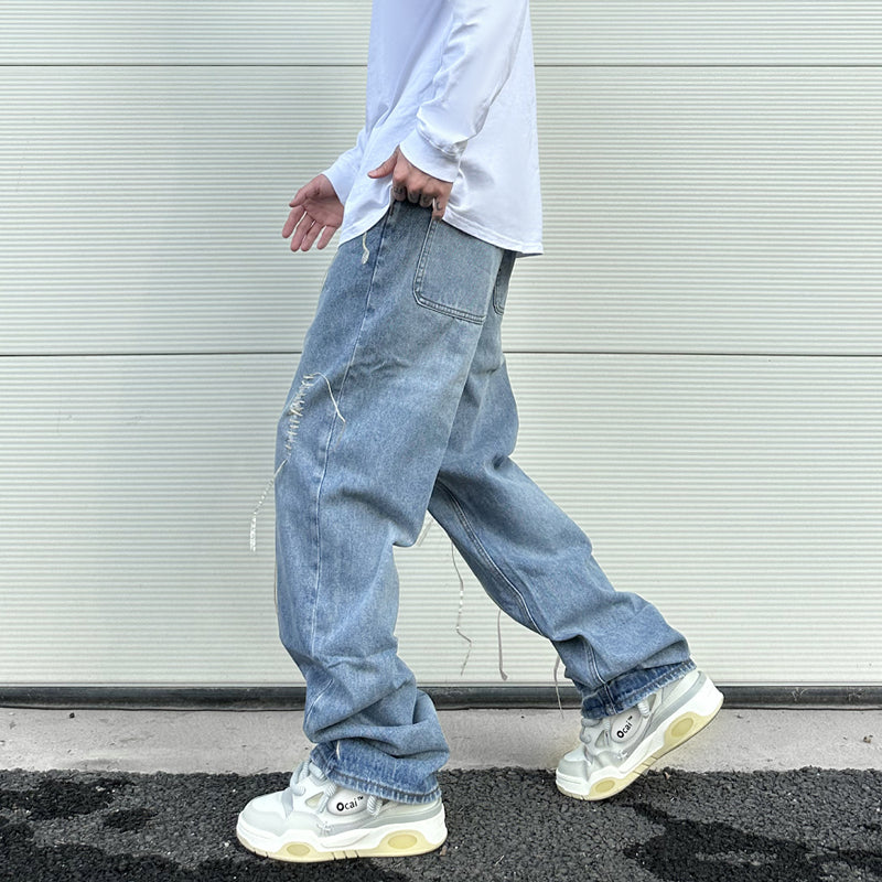 fashion loose streetwear denim jeans new casual wide legs straight jean pants hip hop tassel joggers baggy jeans men clothing unique joggers style 419