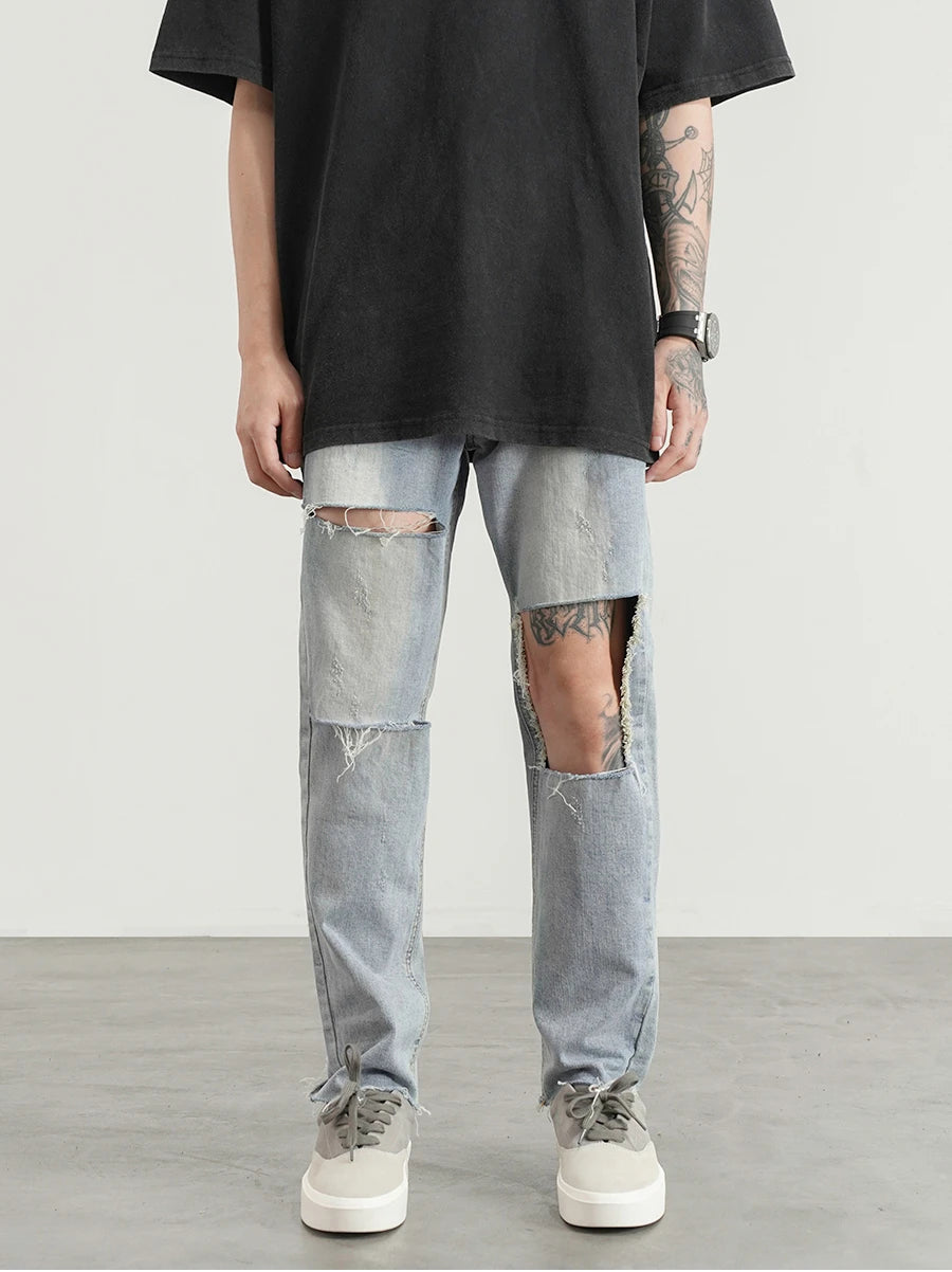 destroied big holes ripped denim jeans mens distressed biker jeans fashion high street slim straight pants streetwear joggers unique joggers style 1363