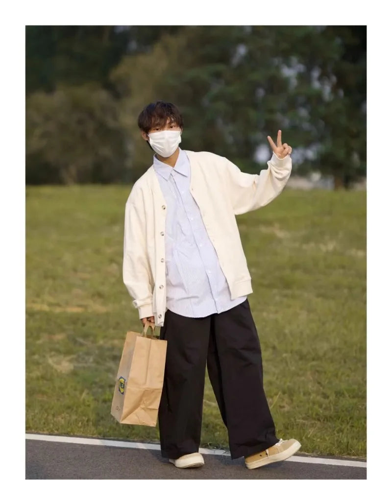 mens casual 2 pcs sets fake two pieces cotton shirt corduroy street wide leg pants sets japanese college retro couples suit unique default style 4564