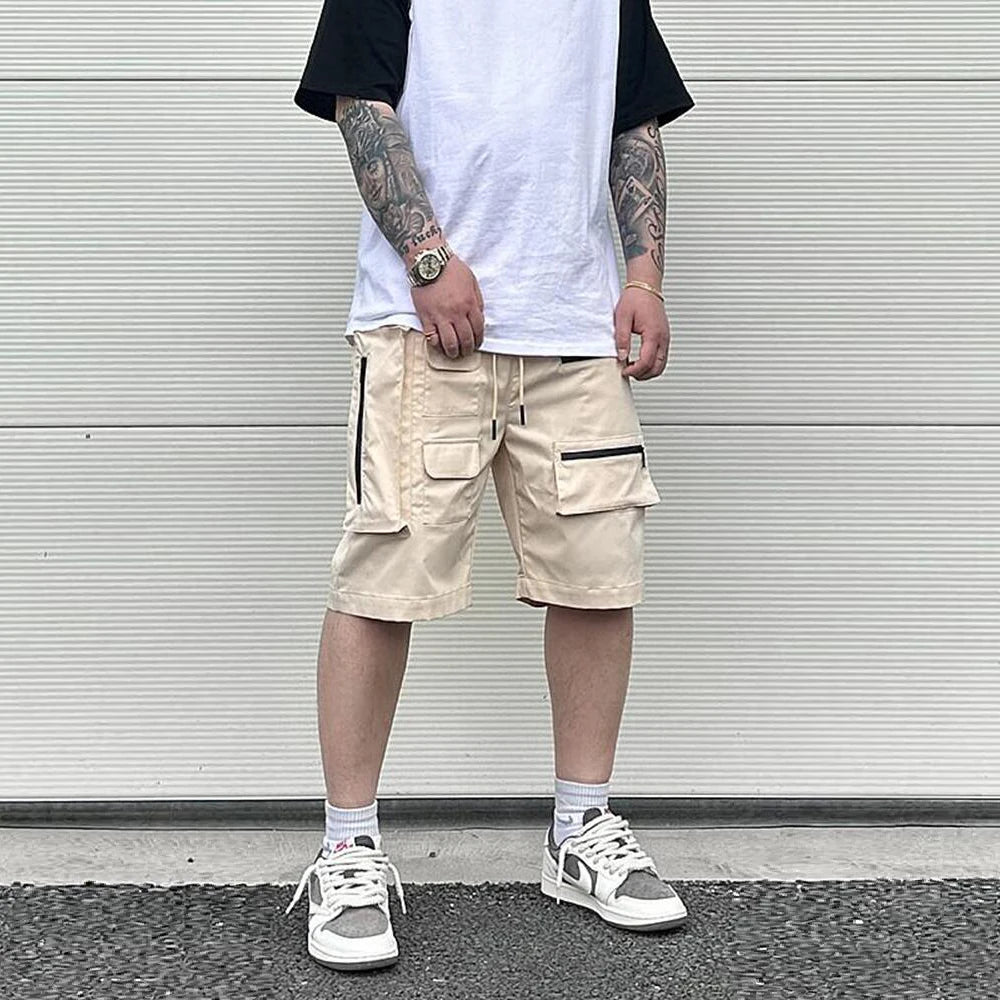 Retro Fashion Vibe Summer Cargo Shorts Functional Pockets Press Glue Zipper Straight Shorts Baggy Casual Split Knee-length