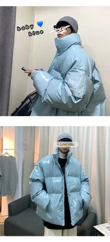 Winter Jacket Men Parkas Thicken Warm Coat Stand Collar Oversize Parkas Bright Leather Fabric Jacket Korean Style Padded Coat