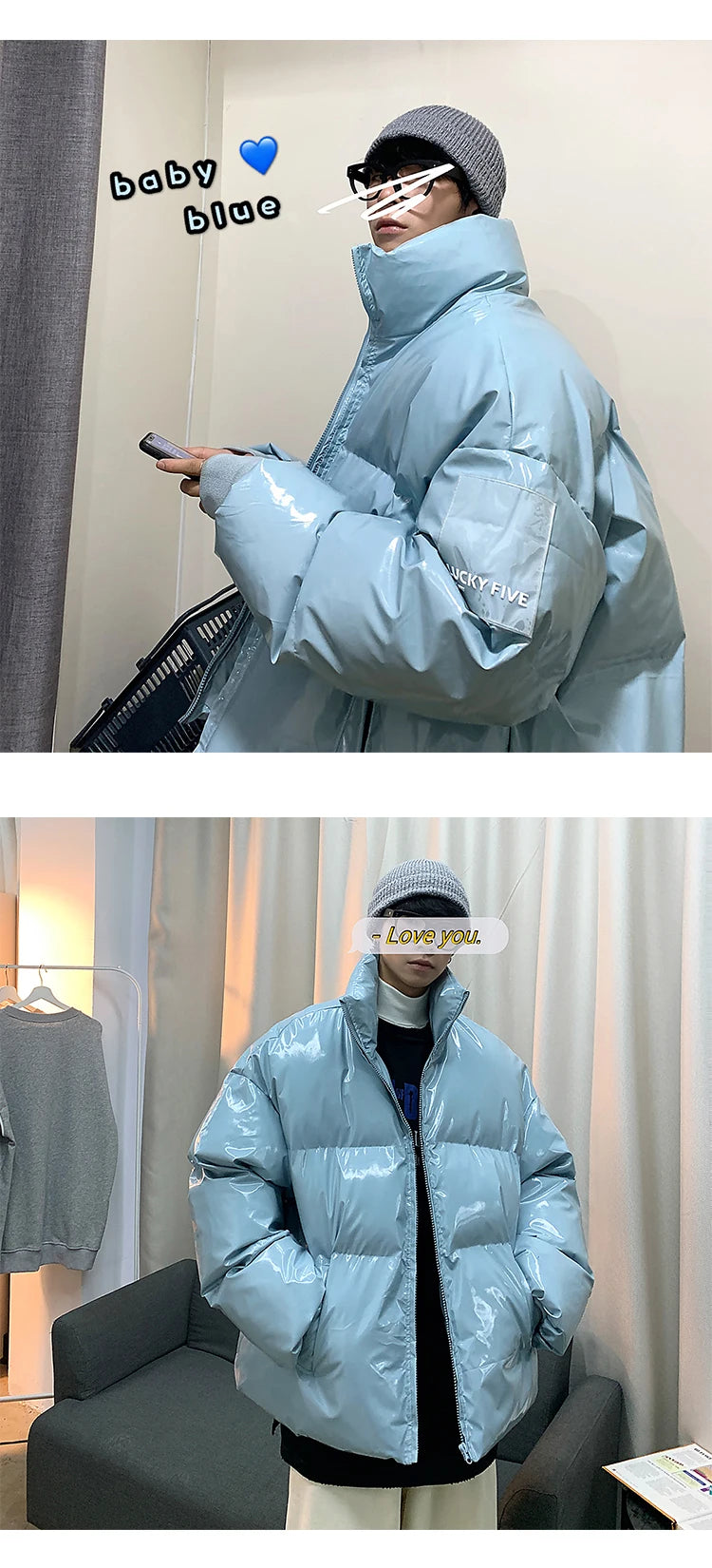 Winter Jacket Men Parkas Thicken Warm Coat Stand Collar Oversize Parkas Bright Leather Fabric Jacket Korean Style Padded Coat