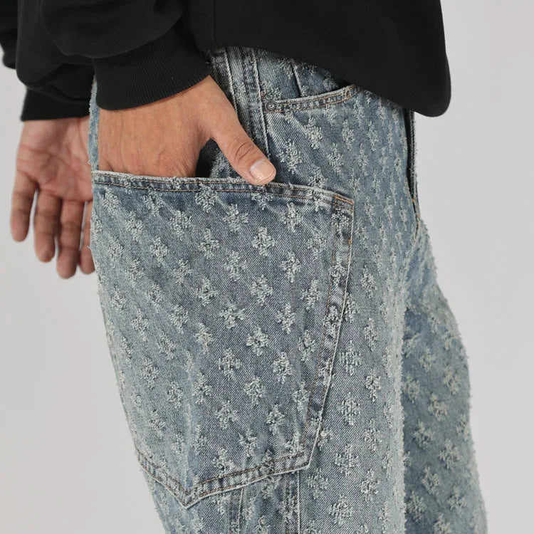 men brand fashion loose casual splice pocket jacquard vintage wide leg baggy jeans cityboy denim baggy jeans pants trousers unique jeans style 2974