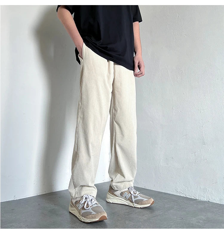 4 colors drawstring corduroy pants men fashion cotton casual pants men streetwear hip hop loose straight pants mens trousers unique default style 3741