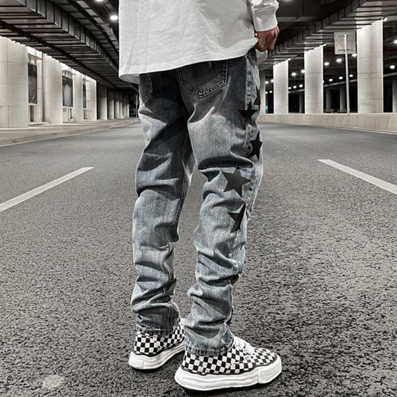 fashion ripped destroied jeans trousers distressed biker jeans with stars high street slim pants joggers denim jeans for men unique joggers style 3257
