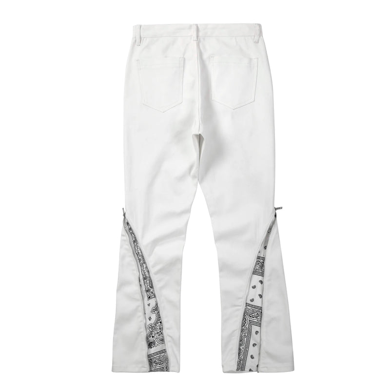 high street black white straight zipper becomes slightly flared denim jeans harajuku casual hip hop cashew flower jeans for men unique jeans style 4399