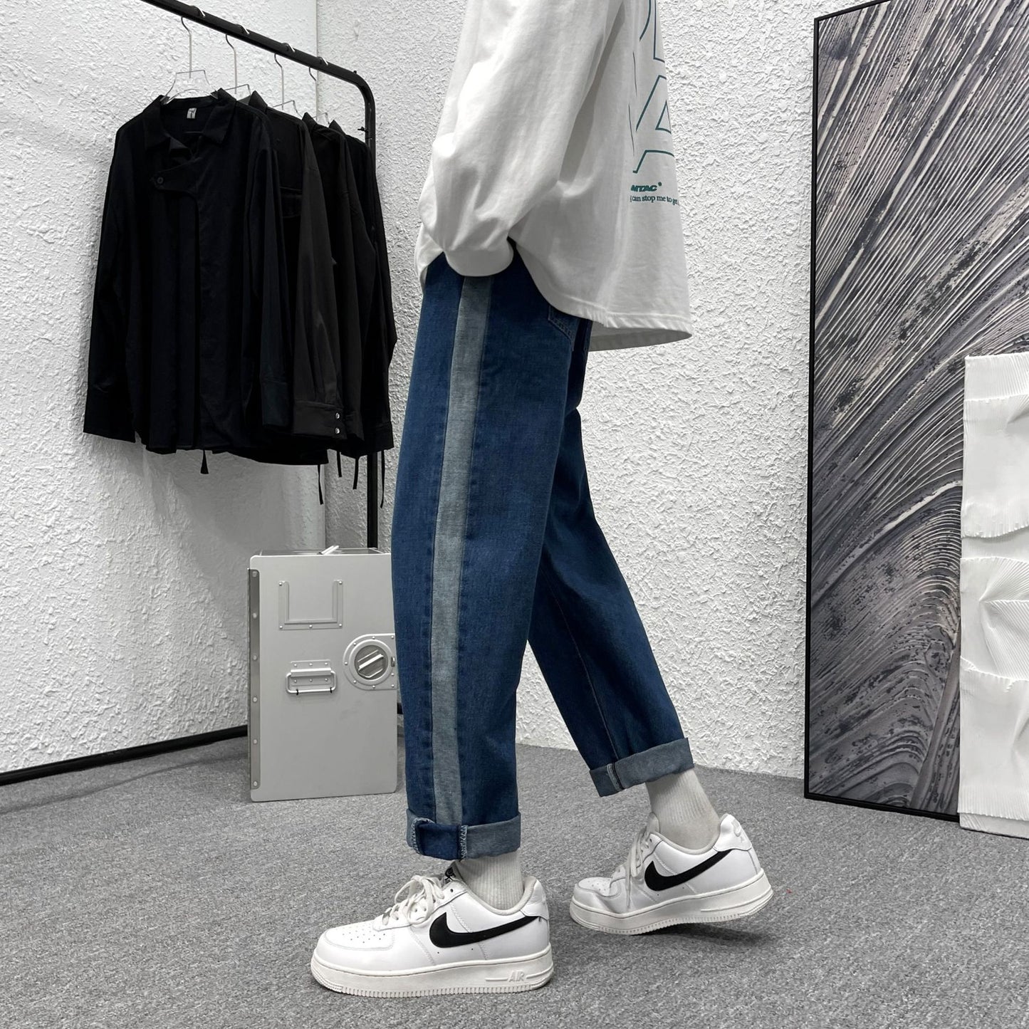 2023 summer new fashion straight jeans mens loose all match casual pants all match boutique clothing simple style urban skinny jeans