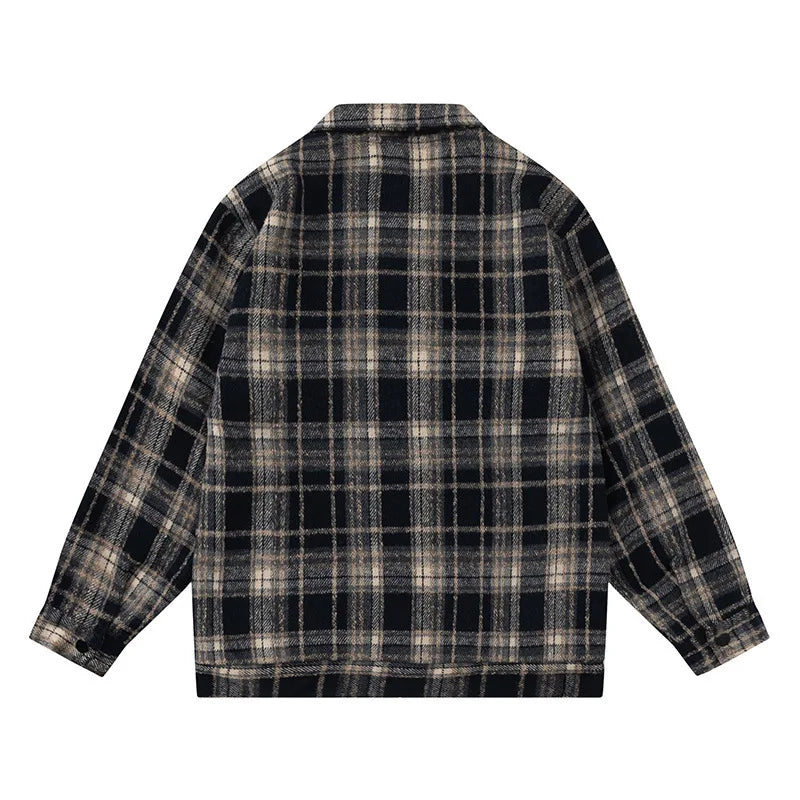 Autumn and Winter New Lattice Embroidery Woolen Jacket Shirt Japanese Retro Plaid Casual Loose Long Sleeved Jackets Coats