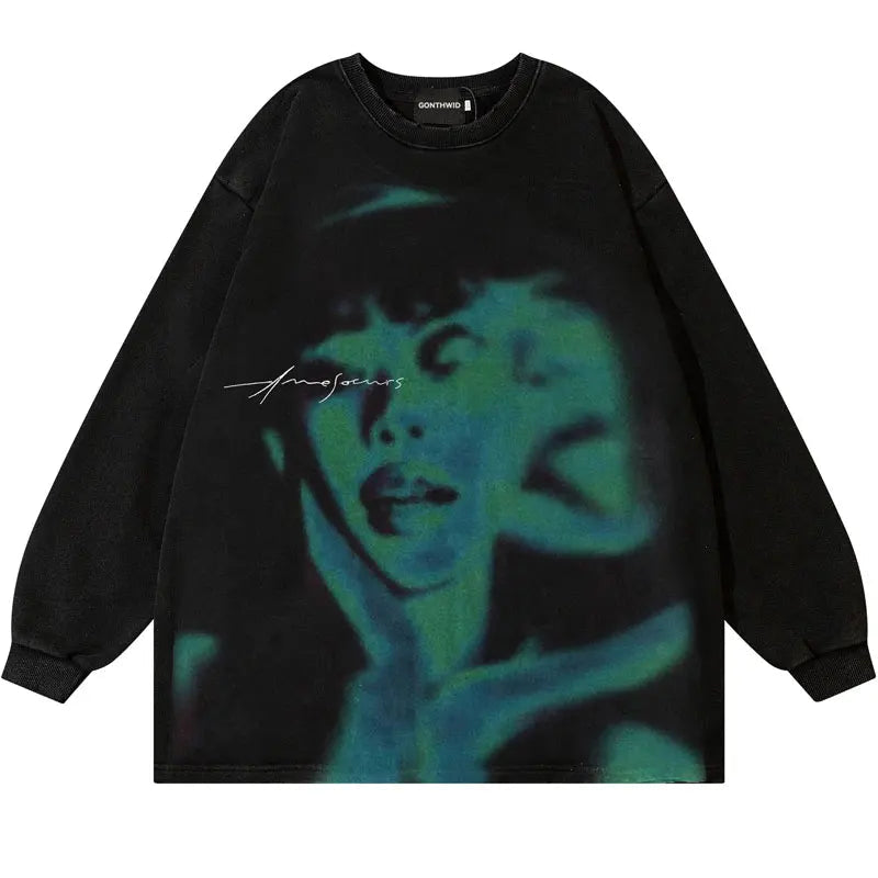 Vintage Ripped Sweatshirt Hip Hop Shadow Graphic Print Punk Goth Hoodi