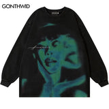 Vintage Ripped Sweatshirt Hip Hop Shadow Graphic Print Punk Goth Hoodi