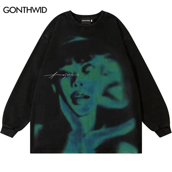 Vintage Ripped Sweatshirt Hip Hop Shadow Graphic Print Punk Goth Hoodi