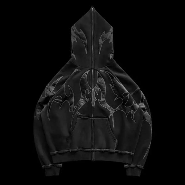 Trendy American Ins Street Goth Thorn Print Sweatshirt Winter Men's Niche Y2K Retro Personality Hip-hop Zipper Sweatshirt Top