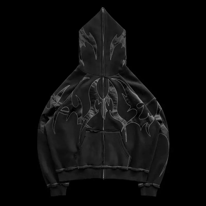 Trendy American Ins Street Goth Thorn Print Sweatshirt Winter Men's Niche Y2K Retro Personality Hip-hop Zipper Sweatshirt Top