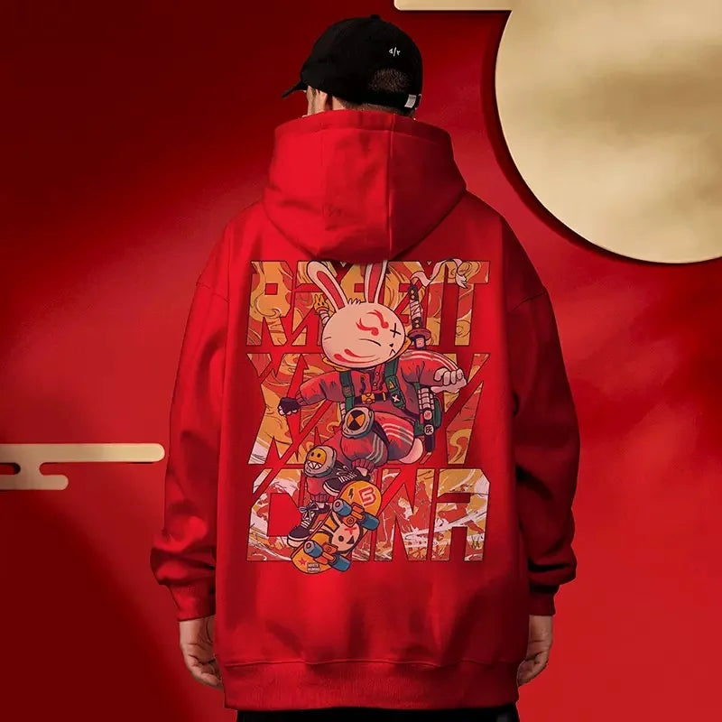 Anime Skateboard Rabbit Print Hoodies Mens Japanese Y2K Hoodie Sweatshirt