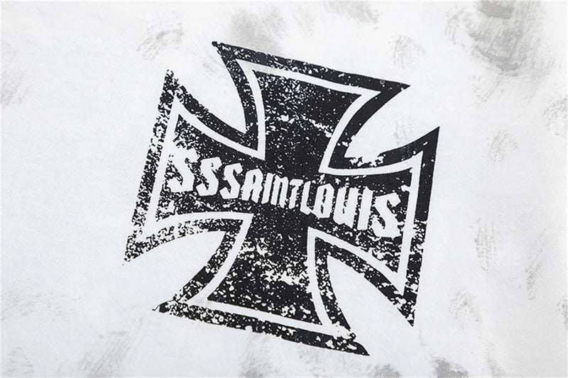 sssaint Louis Vintage Dirty Worn Distressed Cross Print High-Street Graffiti Long Sleeve T Shirt Pullover Summer