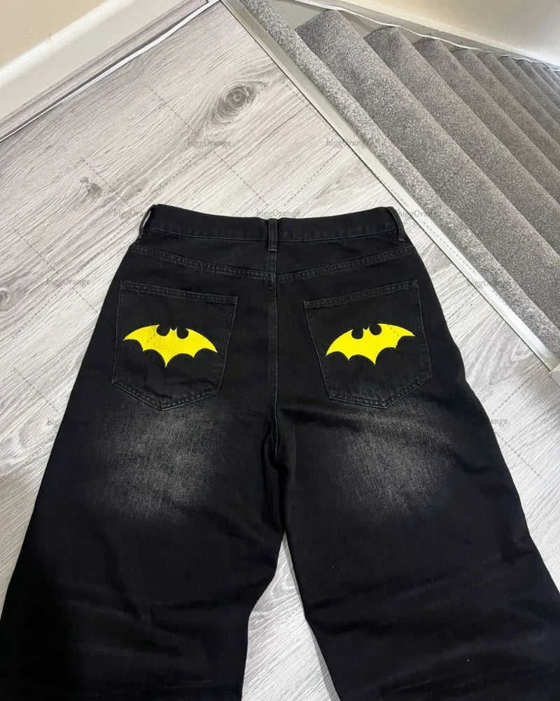 american style baggy oversized jeans y2k harajuku retro hip hop streetwear gothic bat pattern casual straight wide leg pants men unique jeans style 2730