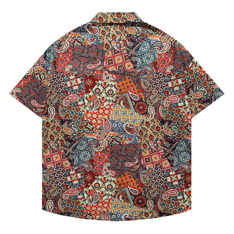 Plaid Cashew Flower Printed Short Sleeve Shirt Loose Stylish Tops High Street Casual Versatile Clothing