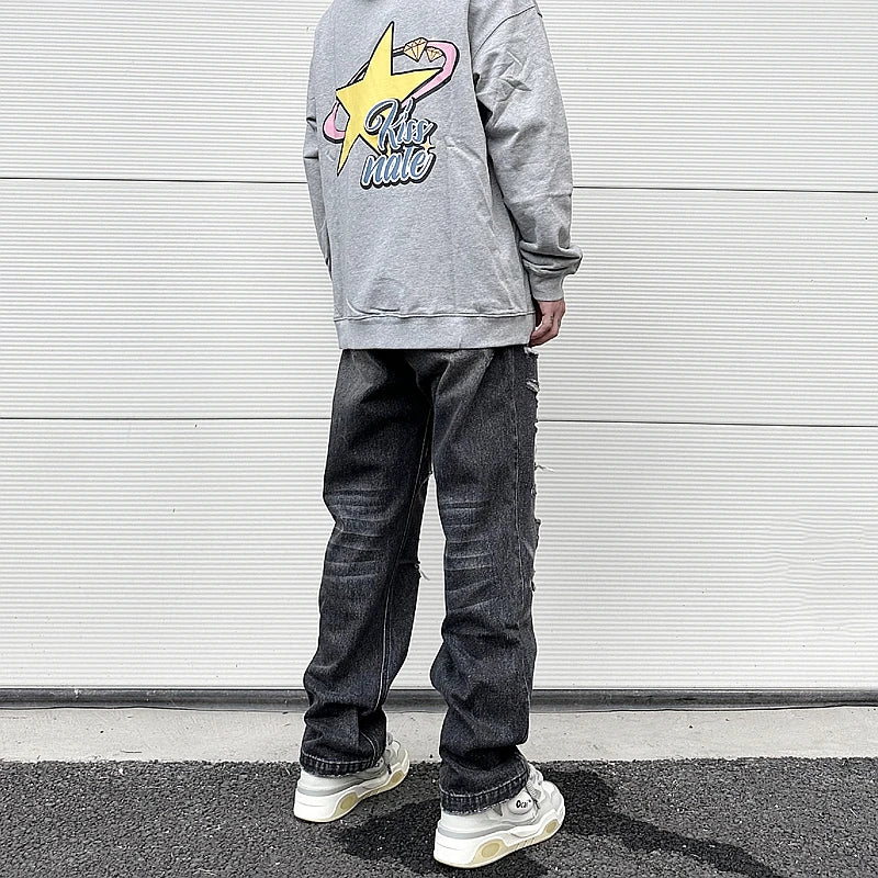 high street black washed straight jeans lowrise hip hop ripped jeans pants for men baggy vintage fashion wide denim pants women unique jeans style 5361