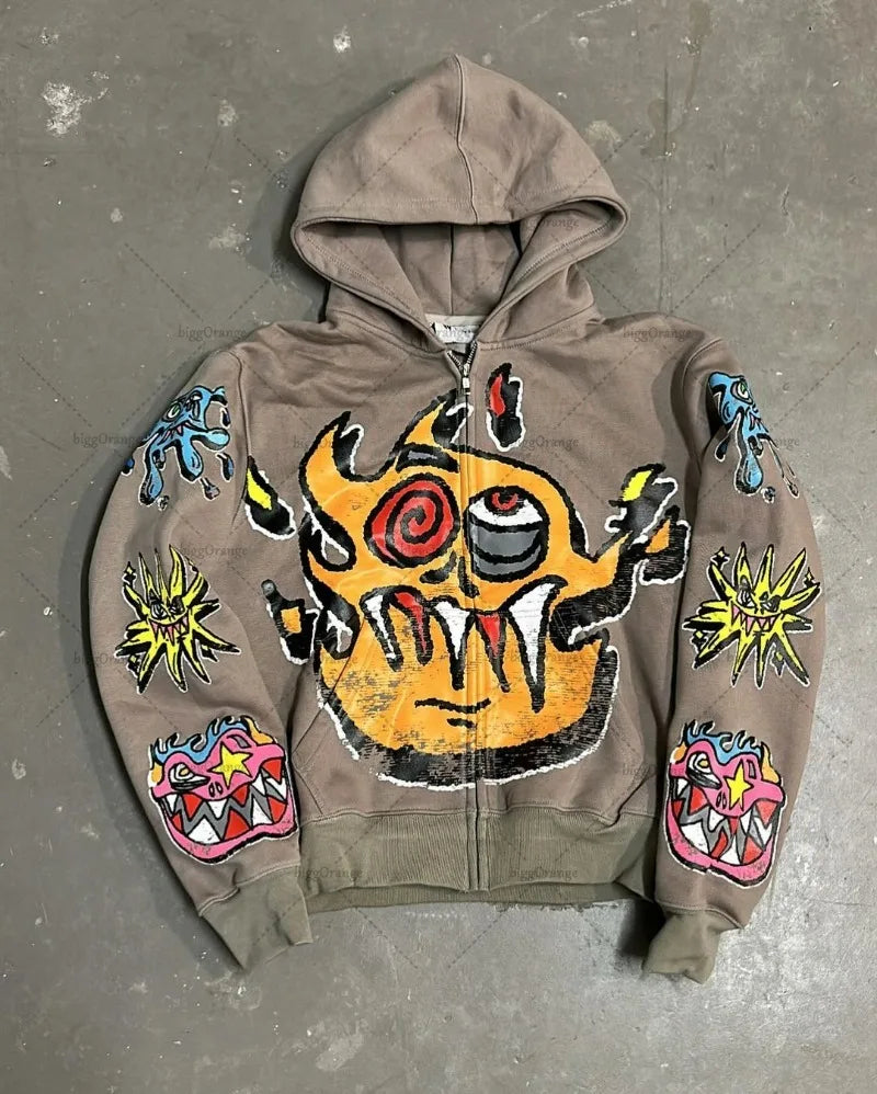 Street Fashion Brand Retro Zipper Hoodie Men Anime Graffiti Print Over