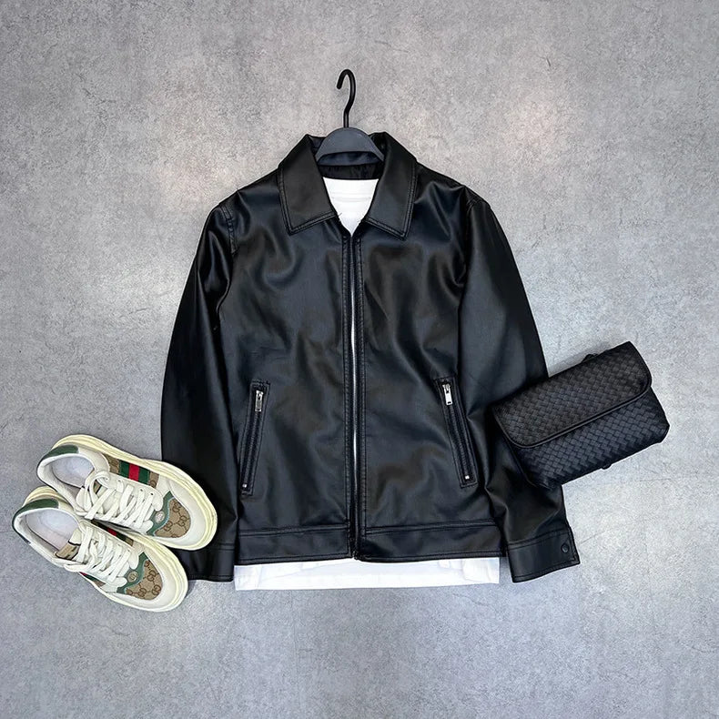 Spring and Autumn Men's Soft Leather Jacket Business Slim Fit Lapel Jacket Casual Men's PU Motorcycle Jacket