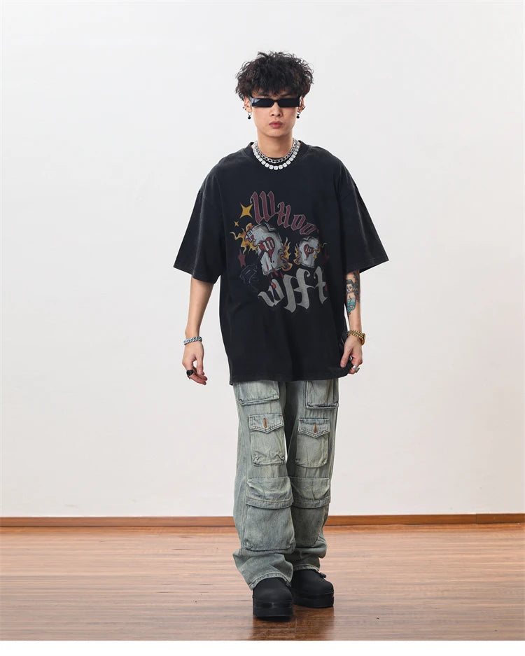 hip hop cargo denim pants streetwear plain denim pants mens harajuku cotton casual joggers jeans loose straight pants trousers unique joggers style 3862