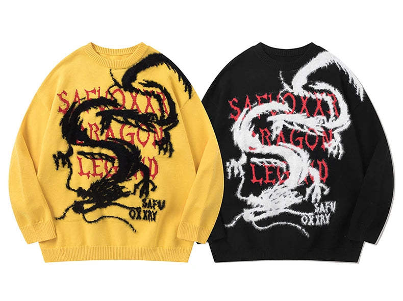 hip hop harajuku dragon pattern knitted sweater unisex pullover streetwear new year casual loose sweater warm jumper knitwear Y2K vintage urban hoodie, aesthetic street look hoodie, high quality cotton pullover