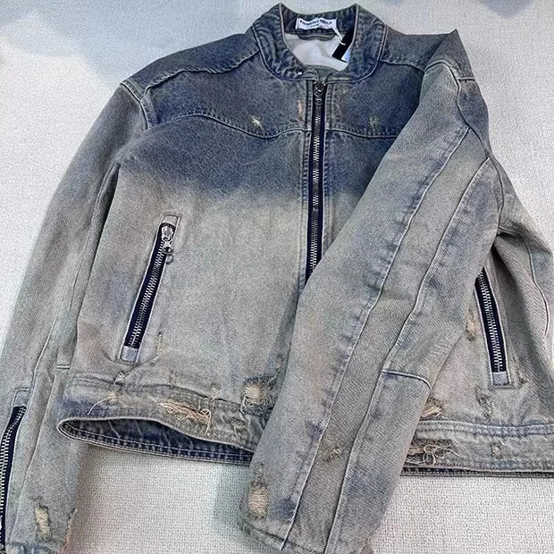trendy coat featuring collarless wash denim motorcycle jacket design – premium quality jacket for men