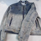 trendy coat featuring collarless wash denim motorcycle jacket design – premium quality jacket for men