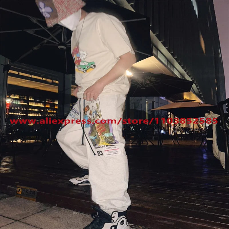 2024 autumn winter vintage casual sports pants mens letter illustration printed loose drawstring leg strap high street hip hop minimalist street pants