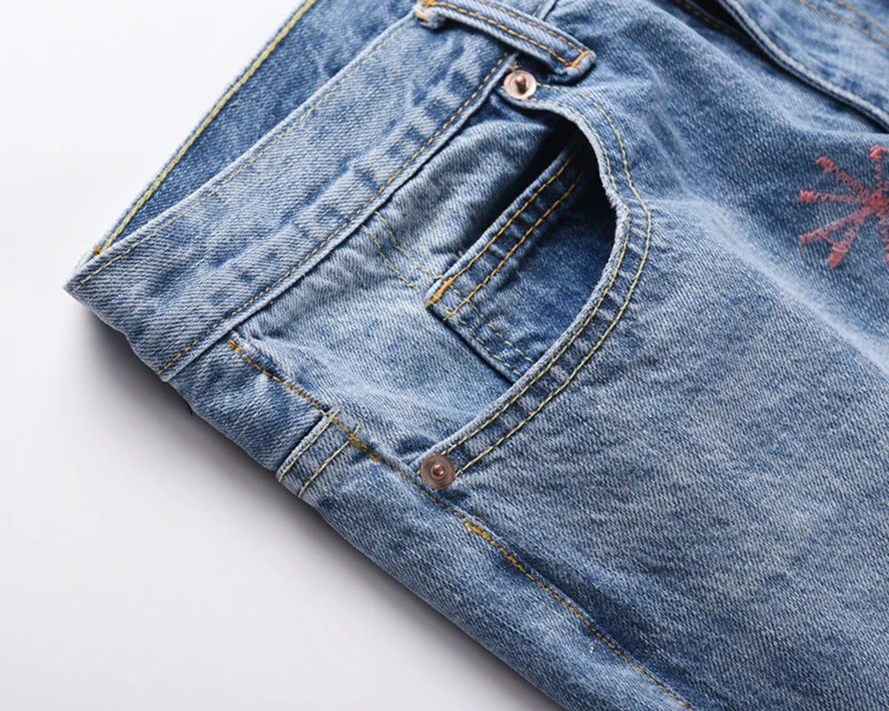 high street floral embroidery patchwork ripped blue jeans pants for male retro straight casual denim trousers oversized jean unique jeans style 1715