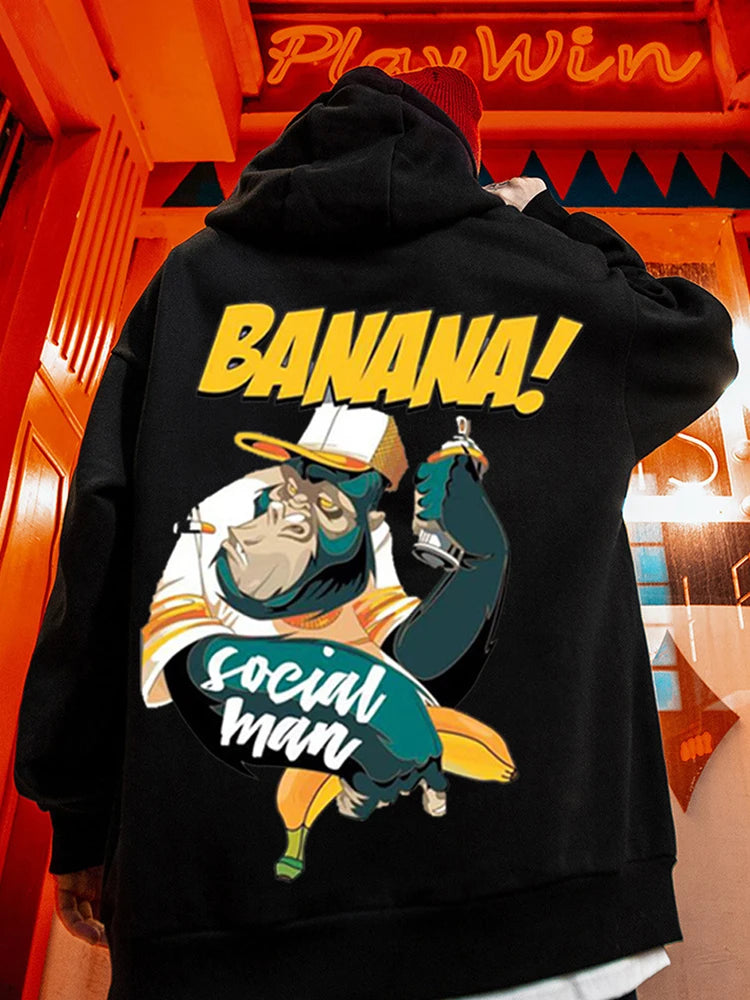Cartoon Gorilla Banana Graphic Men's Hoodies Autumn Oversized Hip Hop Fashion Hooded Sweatshirt
