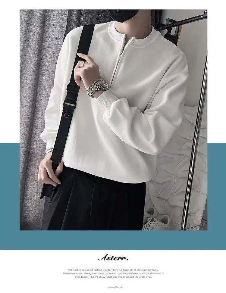 Spring Autumn Korean Casual Fashion Zipper Sweatshirt Man Business Loose All Match Male Pullover Tops Solid Streetwear Clothes