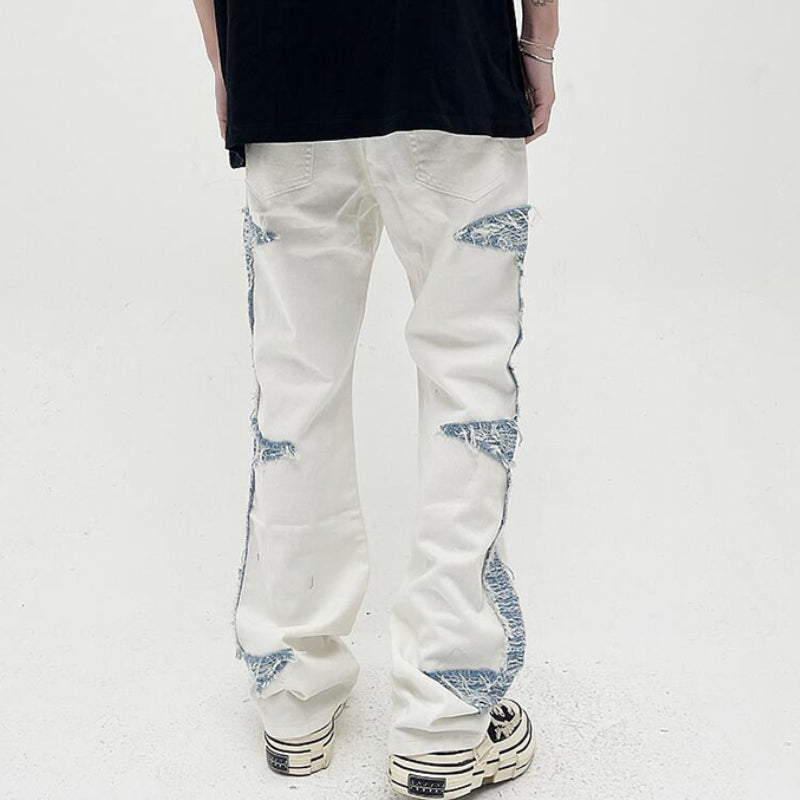 mens high street denim jean pants casual loose destroyed ripped holes straight jeans side patchwork hip hop streetwear joggers unique joggers style 2746