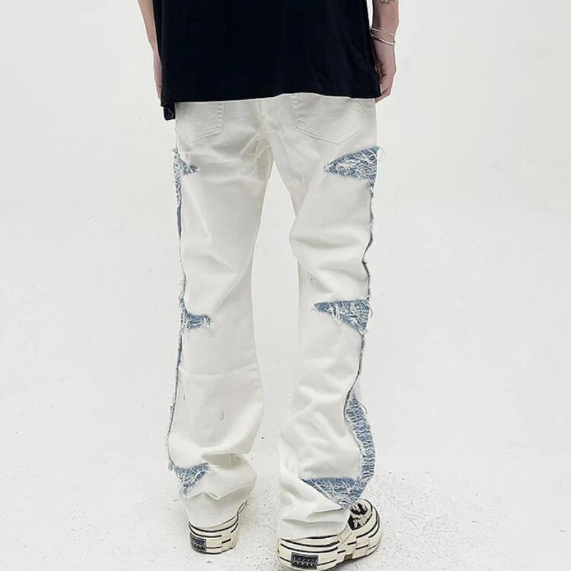 mens high street denim jean pants casual loose destroyed ripped holes straight jeans side patchwork hip hop streetwear joggers streetwear sweatpants