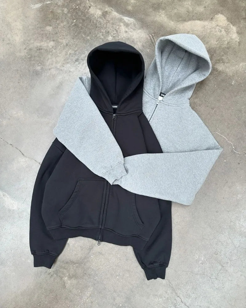 American High Street Fashion Casual Hoodie Men Y2K Harajuku Retro Soli