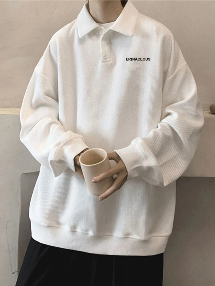 2025 Autumn Japanese Polo Sweatshirts Men Casual Waffle Turn-down Collar Sweatshirt High Street Long Sleeve Tops New in Hoodie