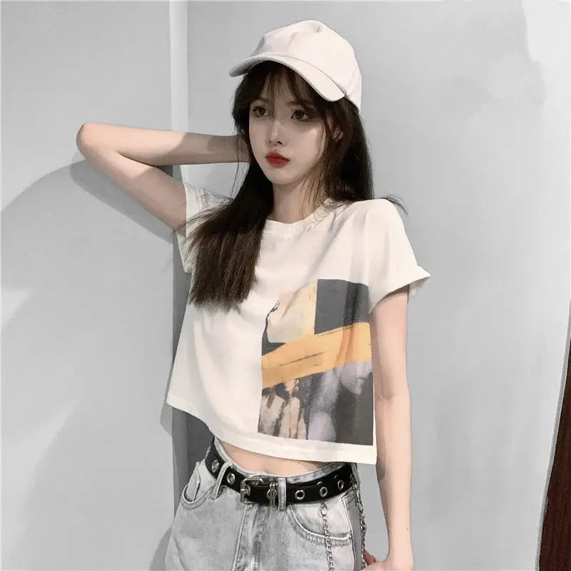 Skatercore Vintage print – New Summer New Pure Cotton Discreet Navel Baring Short Sleev
