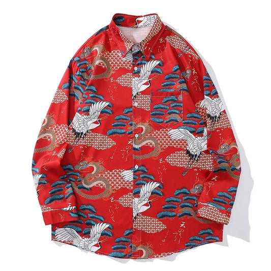 2024 Dark Aesthetic Shirt – Japanese Style Men White Crane Graphic Wabi Sabi Print Long Sleeve Shirts Fashion Oversized Lapel Button Hawaiian Shirt Unisex | Button Shirt Drop #350