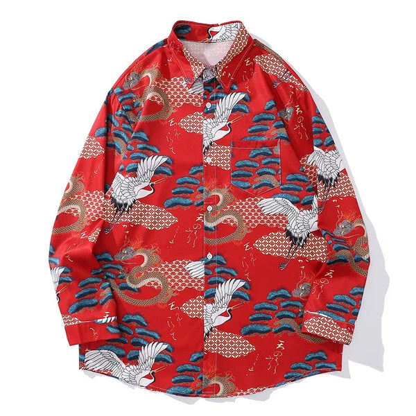 2024 Dark Aesthetic Shirt – Japanese Style Men White Crane Graphic Wabi Sabi Print Long Sleeve Shirts Fashion Oversized Lapel Button Hawaiian Shirt Unisex | Button Shirt Drop #350