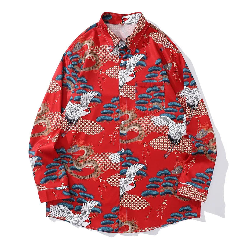 2024 Dark Aesthetic Shirt – Japanese Style Men White Crane Graphic Wabi Sabi Print Long Sleeve Shirts Fashion Oversized Lapel Button Hawaiian Shirt Unisex | Button Shirt Drop #350