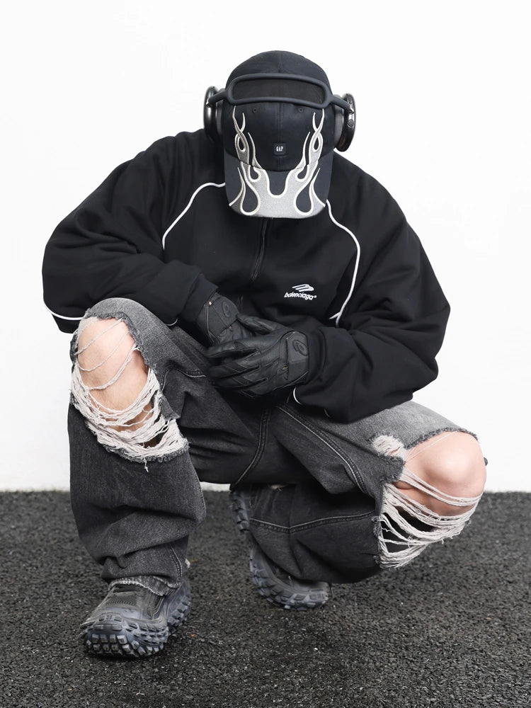 knee destroy big holes high street pants mens casual harajuku zipper straight trousers hip hop fashion streetwear baggy joggers sporty tapered joggers