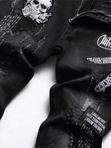 skull embroidery jeans ripped holes denim pants men zipper biker jeans streetwear slim fit y2k punk hip hop casual pants joggers unique joggers style 4158